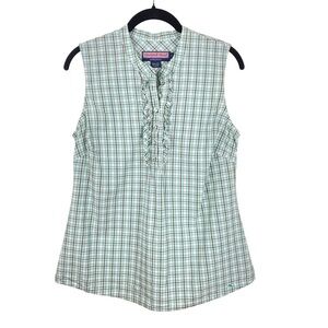 Vineyard Vines Plaid Sleeveless Blouse Teal Black Gold Ruffled Top Size 8